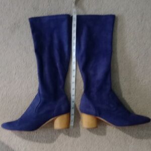 Barnardo navy blue ultra suede tall boots w/ wooden heel size 9.